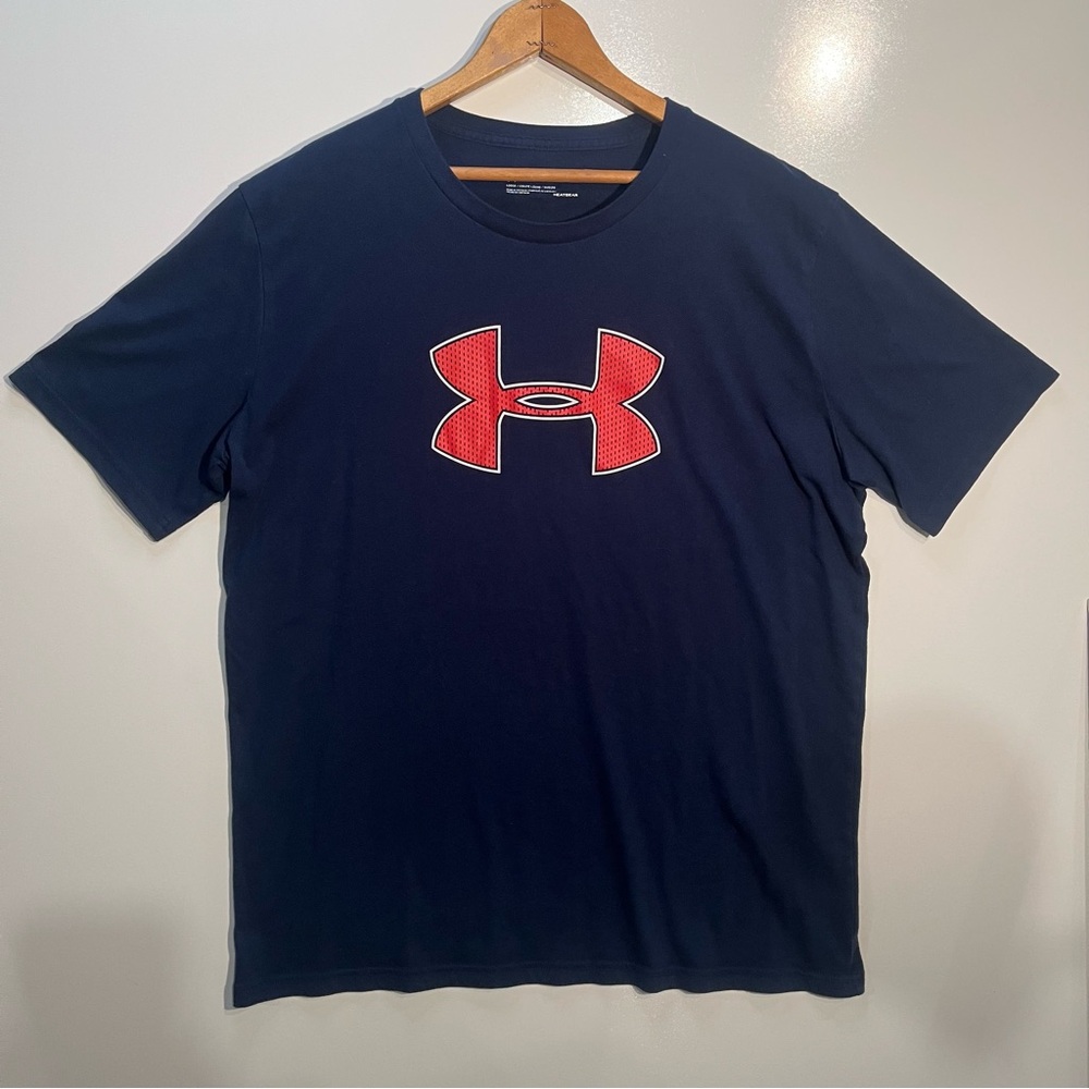 Under Armour Mens Loose Fit T Shirt Navy Blue Big Logo Red Graphic Tee XL.